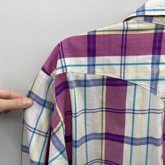 VTG Panhandle Slim Pearl Snap Western Shirt Mens 17.5 x 36 Purple White Plaid LS - Picture 7 of 8